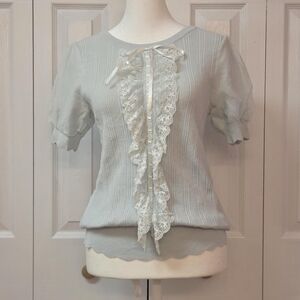 Japanese Kei Coquette Lace Mint Blue Knit Princess Blouse Top; 0918, XXS - XS